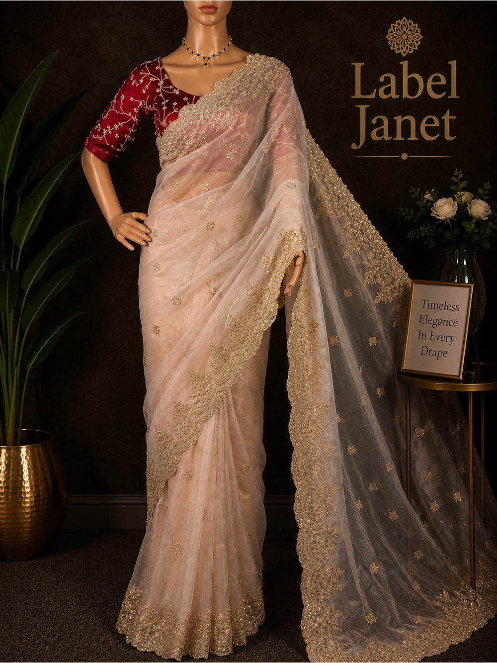 Sheer Ivory & Gold Embroidered Saree with Red Blouse (Brand New )